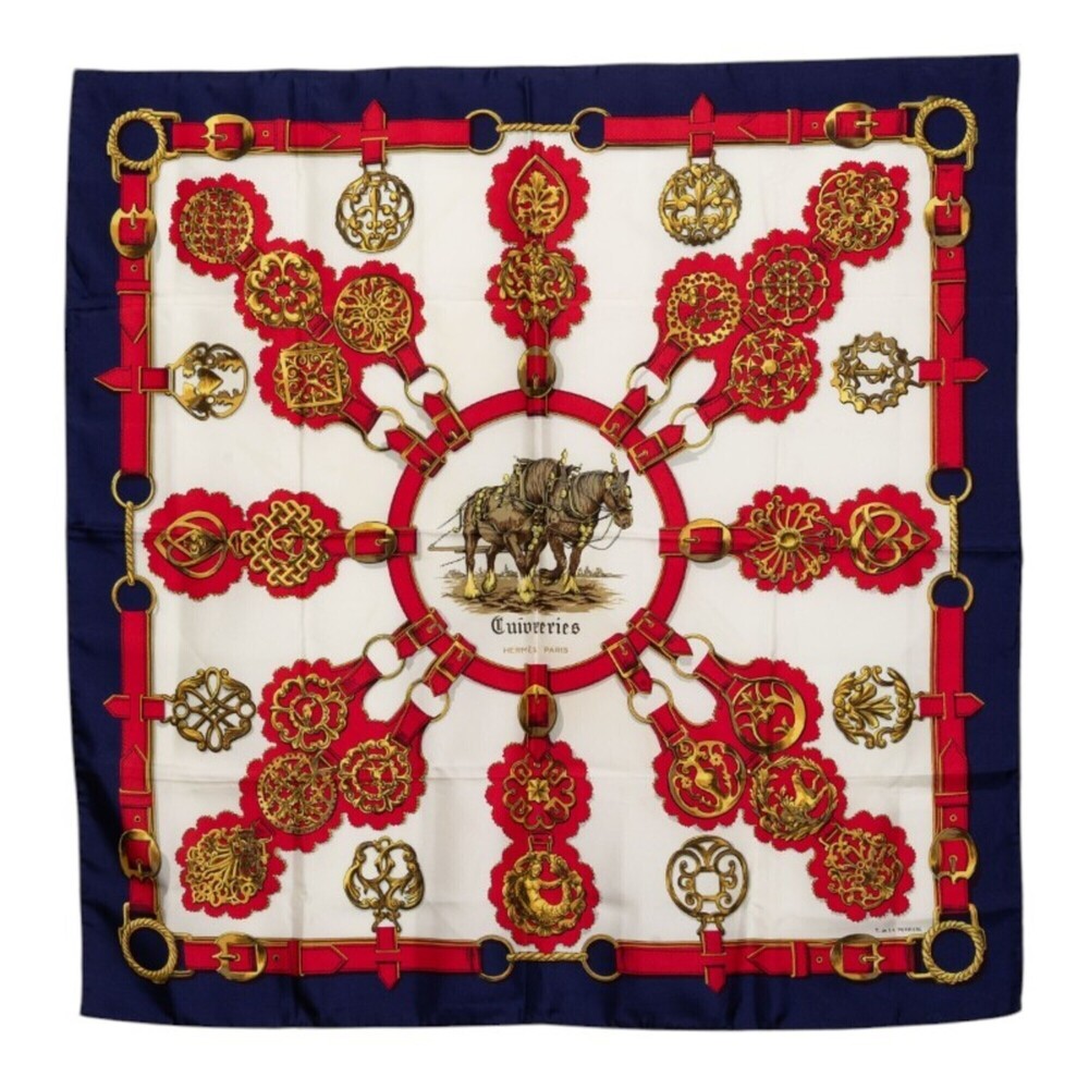 Hermes Carre 90 Cuivreries Copperwork Scarf/Muffler, Navy, Red, White, Silk, ...